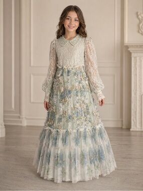 Elegant Girl’s Sugar Pageant Sage, Blue, Gold Beaded Lace Dress 12-14